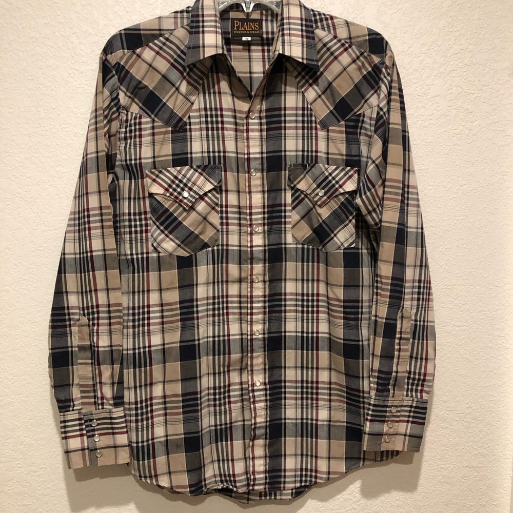 Plains Western Wear Men's Long Sleeve Pearl Snap Button Shirt Tan/Navy Plaid M